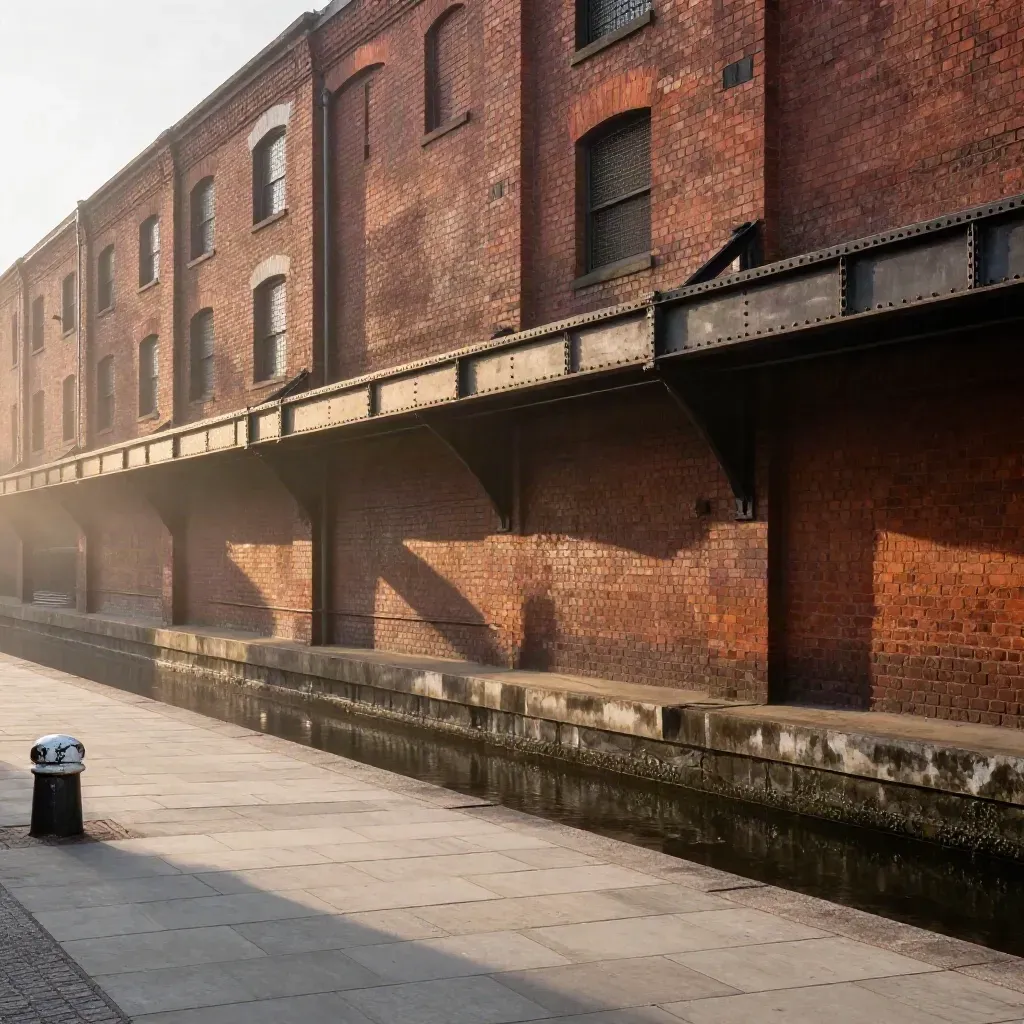 Trafford red-brick warehouses and steel gantries in warm dusk haze over a quiet service road